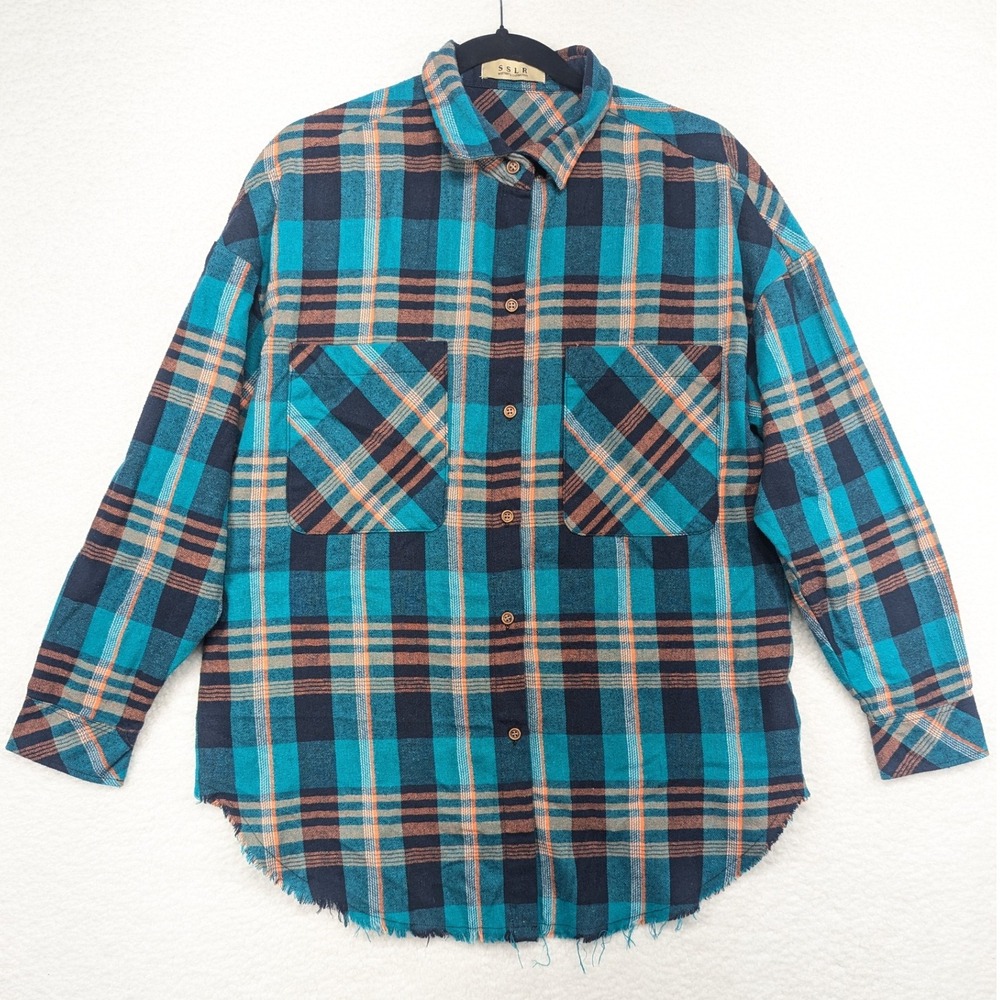 SSLR Womens Plaid‎ Shirt Flannel Oversized Long Sleeve Frayed Hem Teal Brown M